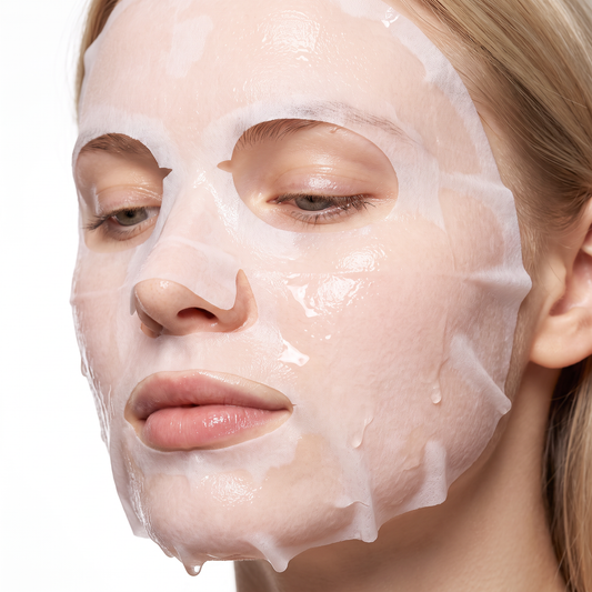 Närbild på PDRN Facial Mask ansiktsmask som ligger mot huden